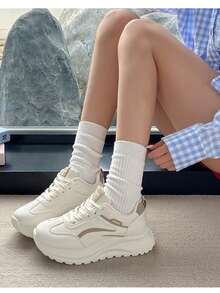 2026 New Spring Leather White Sneakers For Women, Versatile Thick Sole Casual Sports Shoes, Ins Net Celebrity Chunky Sneakers - Khaki - View 3