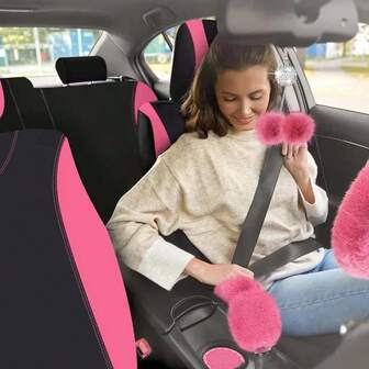 9pcs Fashionable Pink Car Seat Covers, Matching Front And Rear Seat Covers, Suitable For Most Cars, Trucks, SUVs, Full Set Car Interior Accessories, Car Seat Covers, Car Seat Protectors, Vehicle Interior Upgrade