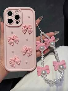 1pc Pink Bow Pearl Lanyard Phone Case, Compatible With IPhone 17/17Air/17Pro/17ProMax/16/15 Pro Max/15 Plus/15 Pro/15/14 Pro Max/14 Plus/14 Pro/14/13 Pro Max/13 Pro/13/12 Pro Max/12 Pro/12 Pro Max/11 Pro/11/XS Max/XR/XS/7/8 Plus, Transparent Shock-Proof Protective Cover - Pink - View 2