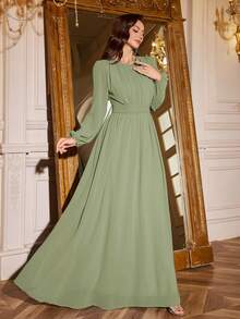 Volly Toych 抹茶色优雅长袖雪纺伴娘礼服，无衬里袖子，胸部褶皱圆领设计，适合特殊场合，是秋季活动的完美之选。 - 抹茶綠 - 查看 8