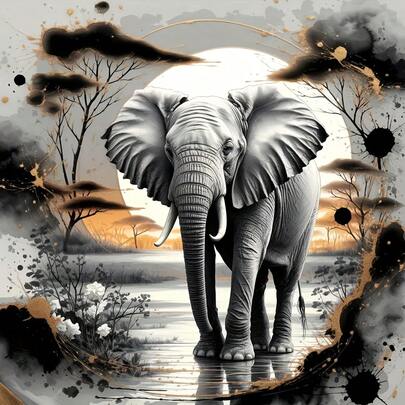 1pc 5D Diamond Painting Kit - Elephant Landscape Design, DIY Full Round Acrylic Diamond, Numbered Art Craft, Frameless Wall Decor, Ideal Gift For Living Room, Bedroom, Office, Perfect For Holidays
