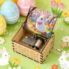 Retro Carved Wood Music Box With Easter Bunny & Basket Of Eggs – Playful Tabletop Ornament For Holiday - Easter Egg Basket Music Box - View 11