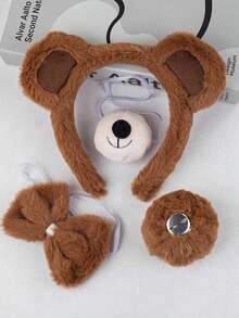 4个可爱毛绒熊耳发箍，SPA卸妆洗脸发箍，蓬松卡通动物发箍，柔软头巾式发饰，适合女性和女孩，发带 - 棕色 - 查看 1