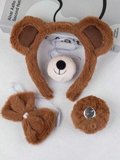 4pcs Cute Plush Bear Ear Headbands, SPA Makeup Washing Face Headbands, Fluffy Cartoon Animal Headbands, Soft Turban Hair Accessories, Suitable For Women And Girls, Hair Bands