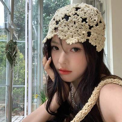 6顶混色女士手工镂空钩针编织帽，复古风格透气针织头巾