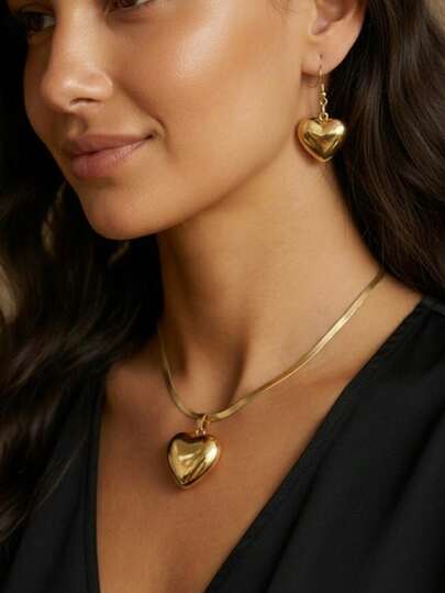 2pcs/Set Summer New Creative Heart Shaped Minimalist Elegant Earrings + Necklace Set, Suitable For Daily Wear, Outings, Dates, Vacations, Gifts And Other Occasions