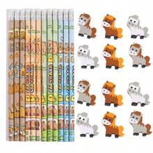 12pcs New Cartoon Pony New Year Cute Eraser+12 Pencil Primary School Stationery Award Gift, Back To School, Valentine's Day, Christmas, Gift - Multicolor - View 12