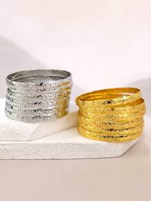 6件套奢华小众设计金属雕刻花羽图案叠戴手镯 - 彩色 - 查看 3