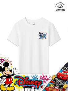Disney Stitch Double-Sided Print Crew Neck T-Shirt For Boys (Ages 3-12), 100% Cotton Short-Sleeve. The Back Features A Four-Panel Comic Strip Design With Four Adorable Stitch Poses (Sitting Obediently, Hands On Hips, Lounging Lazily, And Grinning Mischievously), An Interactive Scrump Plush Toy, Graffiti-Style "Stitch" Lettering, And Fun Decorations Like Musical Notes, Paw Prints, And Stars. The Front Features A Matching Stitch And Scrump Plush Toy Print. Pairs Well With Wide-Leg Jeans, Cargo Shorts, Or Casual Sweatpants. Suitable For Theme Parks, Lilo & Stitch Themed Parties, Family Trips, Everyday Wear, School, Birthday Parties, Outdoor Camping, And More. Skin-Friendly, Sweat-Wicking, And Breathable. Features The Disney CHANNEL Logo And Cartoon IP. Ideal For School Breaks, Outdoor Running, Classmate Gatherings, And Weekend Walks. - trắng - Xem 3