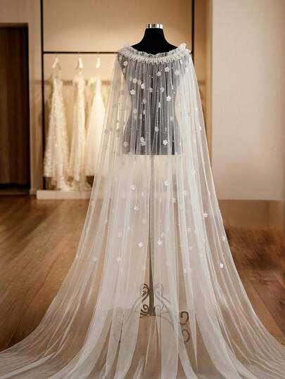 Wedding Bolero Bridal Cape Veil Covers Shoulders For Bride Wedding Accessories Cloak Shawl Soft Evening Cape Jacket With 3D Floral