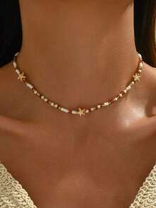 1 pieza Collar con colgante de estrella de mar metálica con cuentas, diseño de gema rosa, adecuado para uso diario y de viaje - Multicolor - Ver 14