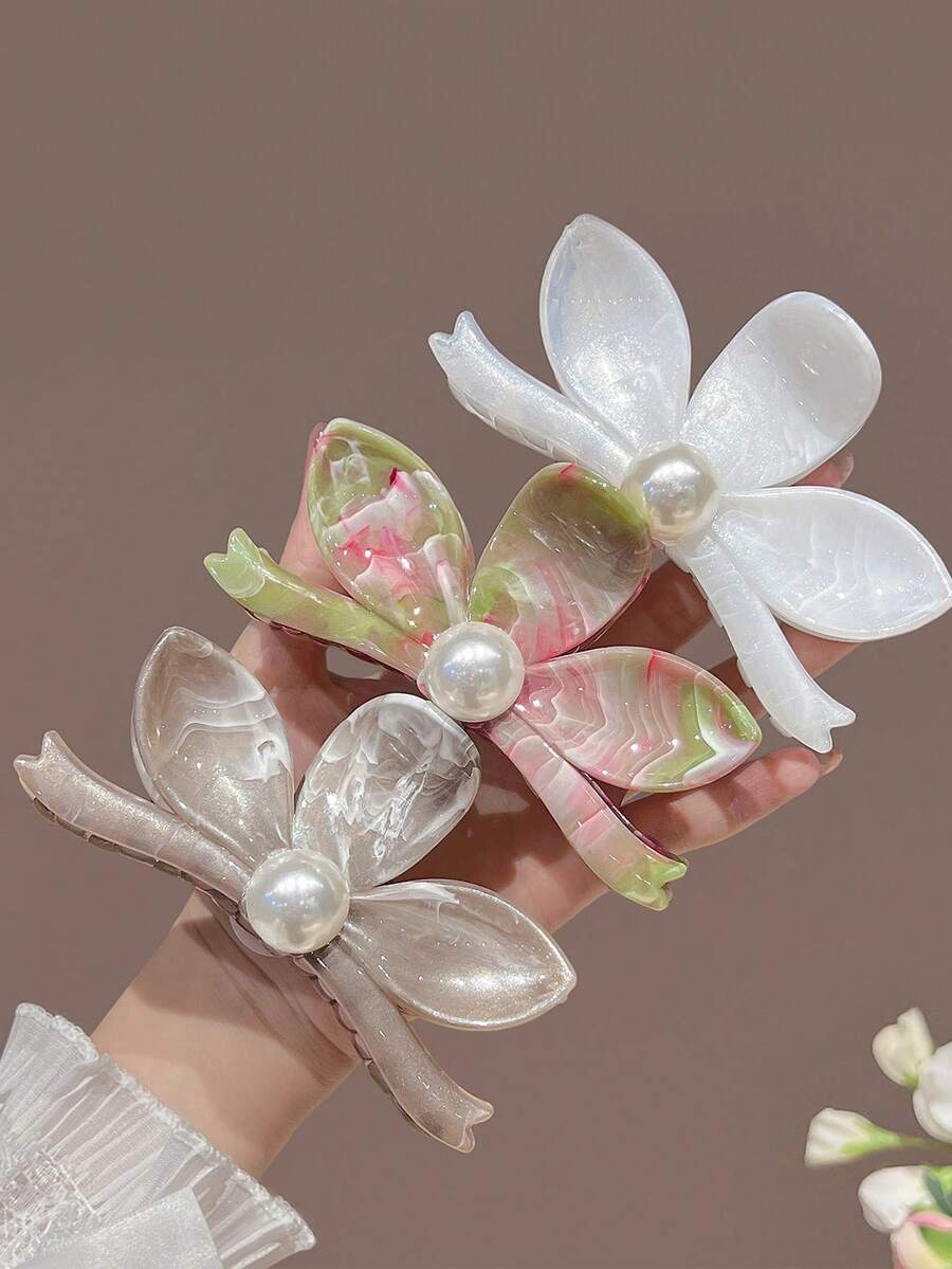 1/3件复古油画花卉发夹,珍珠发夹,发爪,适合女性和女孩的发饰,时尚发夹,女士夏季发饰 - 彩色 - 查看 1