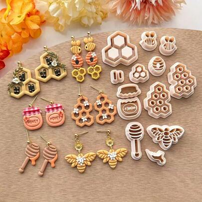 Spring Series Bee, Honeycomb, Polymer Clay Cutter, Hollow Design, Perfect For Jewelry DIY Earrings, Spring Valentine's Day Clay Handcraft Cutter, Bee Handmade Earrings, Holiday Decor, Reusable Mold, Handcraft Cutting Tool