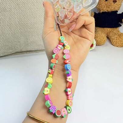彩色水果女孩手工串珠手机挂绳钥匙扣配件 DIY 链条手链吊坠创意背包挂饰手机挂绳，新款串珠腕带钥匙扣适用于 CCD 相机，手机链珠装饰，便携式链条手机壳挂绳