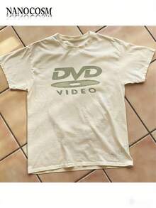 [100% Cotton] DVD Video Nostalgic Green Logo Vintage Gaming Print T-Shirt 2000s Aesthetic Retro Summer Shirt - Unisex Women & Men's Campus Daily Wear - 杏色 - 查看 1