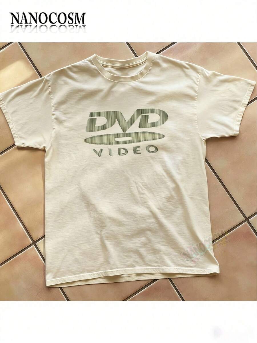 [100% Cotton] DVD Video Nostalgic Green Logo Vintage Gaming Print T-Shirt 2000s Aesthetic Retro Summer Shirt - Unisex Women & Men's Campus Daily Wear - 杏色 - 查看 1