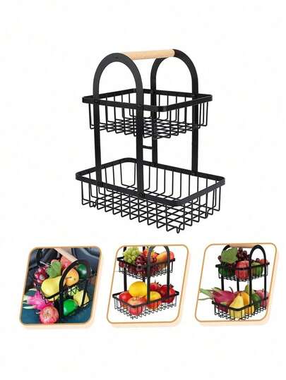 Cesta de frutas y verduras de doble capa para encimera de cocina, cesta de almacenamiento de metal con patrón de trineo negro, cesta de almacenamiento de baño con mango de madera desmontable, cesta de frutas y verduras de metal de doble capa para regalos navideños.