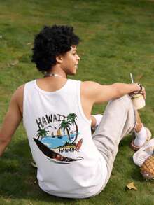 Open Phase 男士休闲圆领椰树冲浪主题印花背心，适合海滩度假和日常穿着，春夏皆宜。 - 白色 - 查看 2