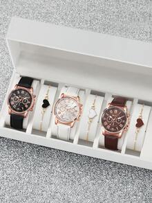 6pcs/Set Jam Tangan Hadiah Wanita dengan Dial Angka Romawi, Kombo Jam Tangan Quartz Elegan + Gelang Liontin Hati, Tidak Termasuk Kotak Jam Tangan - MultiWarna - View 1
