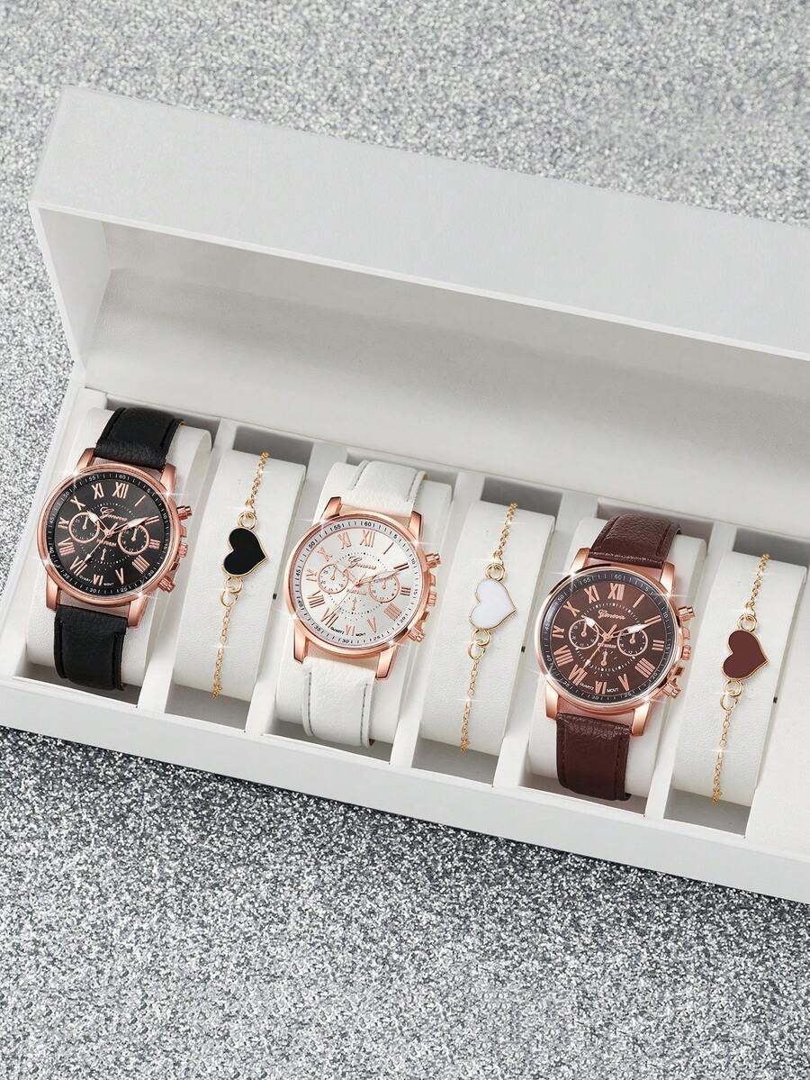 6pcs/Set Jam Tangan Hadiah Wanita dengan Dial Angka Romawi, Kombo Jam Tangan Quartz Elegan + Gelang Liontin Hati, Tidak Termasuk Kotak Jam Tangan - MultiWarna - View 1