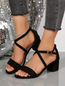 2026夏季新款厚底凉鞋，简约系带黑色高跟凉鞋，百搭优雅女神风 - 黑色 - 查看 2