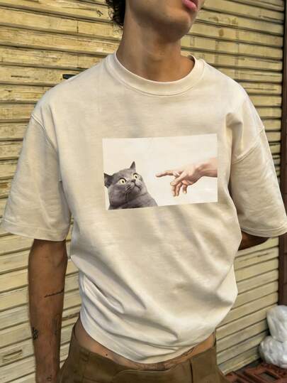  Fractyr 男士休闲街头摇滚嘻哈风宽松短袖T恤 | 可爱猫咪图案印花 | 精致设计 | 春夏必备单品 | 百搭基础款T恤 | 柔软舒适的纯棉面料 | 送朋友的最佳礼物 | 展现独特个性