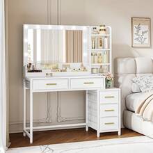 HaluPeit 110 Cm Dressing Table With LED Lights, Vanity Table With Large Mirror, 3 Light Colors, Adjustable Brightness, Makeup Desk, 5 Drawers, Open Compartments, White, Modern - 查看 1