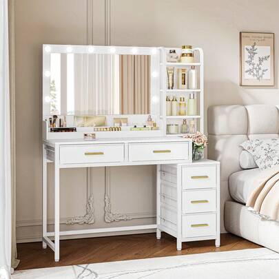 HEXCELEN 110 Cm Dressing Table With LED Lights, Vanity Table With Large Mirror, 3 Light Colors, Adjustable Brightness, Makeup Desk, 5 Drawers, Open Compartments, White, Modern