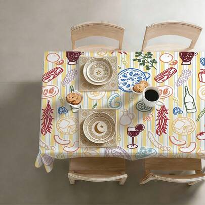 1pc Summer Mediterranean Style Food Illustration Printed Tablecloth, Yellow & White Striped Pizza & Wine Tablecloth, 55.12*86.61in(140*220cm)/55.12*70.87in(140*180cm)/55.12*55.12in(140*140m)/35.43*55.12in(90*140m), Polyester Fabric, Waterproof & Stain Resistant, Suitable For Picnic, Camping, Party, Buffet, Home Decor, Dining Table Decoration, DIY