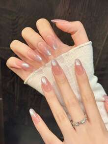 10片手工椭圆形亚克力美甲贴片，长款柔粉色美甲，闪亮猫眼，闪粉点缀，简约时尚优雅，适合春季、夏季、节日、派对、日常、约会、海滩、热带度假等场合，DIY美甲，适合女性和女孩作为礼物，手工美甲贴片 - 粉色 - 查看 3