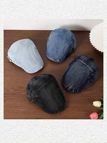 1pc Solid Color Washed Denim Newsboy Cap, Minimalist Vintage Beret Hat,Summer,Beach,Holiday,Festival,Travel - A - View 7