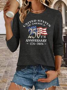 Women's USA 250th Anniversary T-Shirt 1776-2026 - Soft Breathable 3/4 Sleeve Crew Neck Top With Patriotic American Flag Print, Casual Relaxed Fit Suitable For 4th Of July, July Celebrations & Year-Round WearMinimalist Style Sweatshirt ,Vacation Outfits Women,Summer Outfits For Women,Summer Outfits - 深灰色 - 查看 1