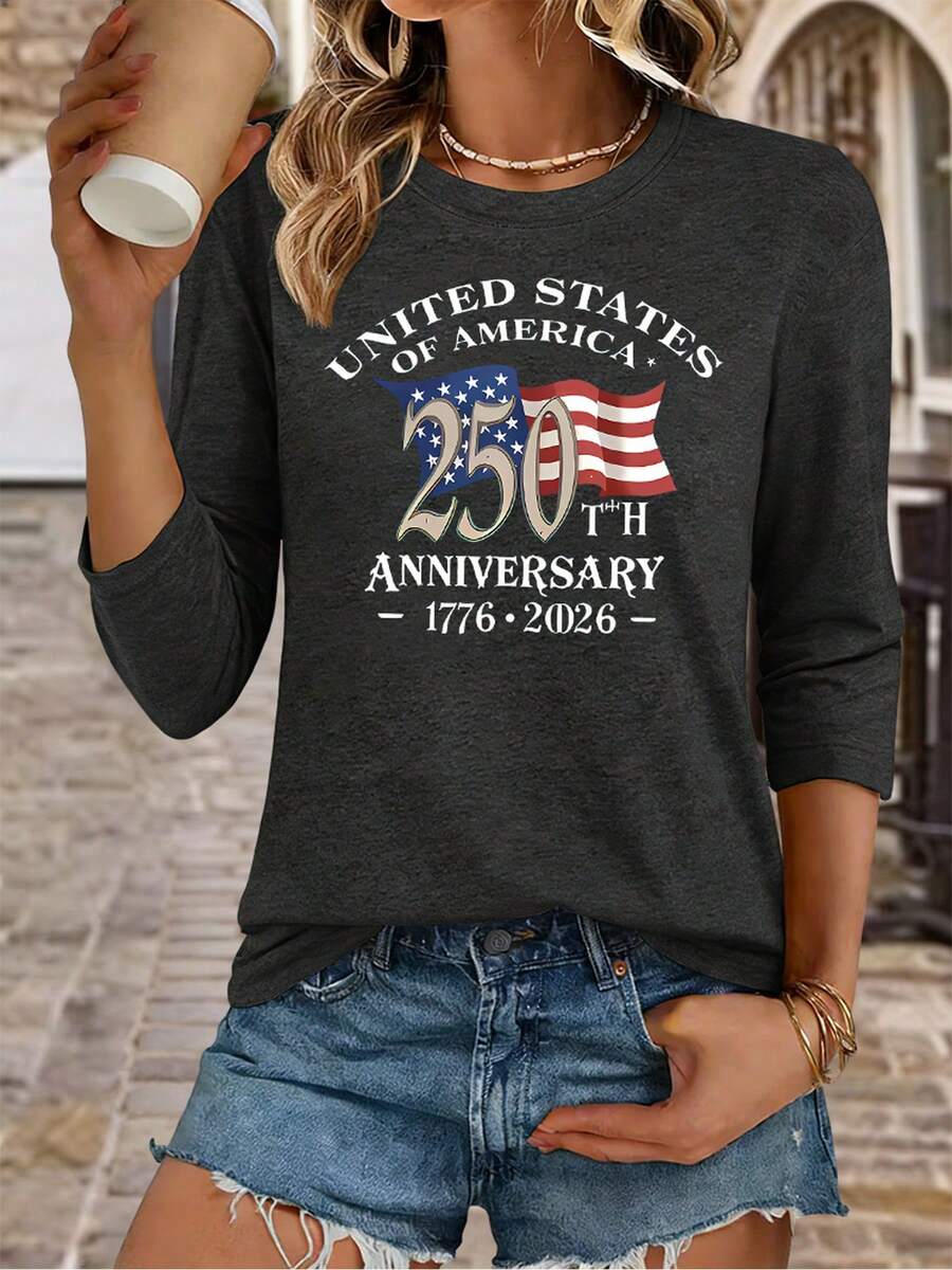 Women's USA 250th Anniversary T-Shirt 1776-2026 - Soft Breathable 3/4 Sleeve Crew Neck Top With Patriotic American Flag Print, Casual Relaxed Fit Suitable For 4th Of July, July Celebrations & Year-Round WearMinimalist Style Sweatshirt ,Vacation Outfits Women,Summer Outfits For Women,Summer Outfits - 深灰色 - 查看 1