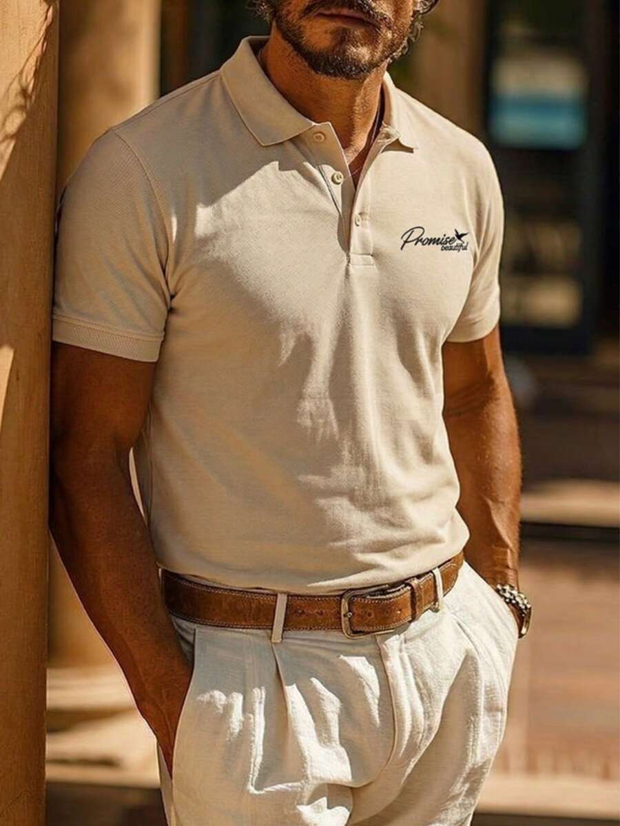 1pc Men's Polo Shirt With Button And English Letter Print, Short Sleeve Collared Top - Apricot - View 1