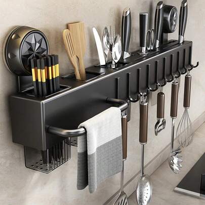 1 pieza Estante para cuchillos, tenedores y cucharas con ventosa, organizador de cubiertos de pared sin perforación, nuevo, con soporte para palillos, multiusos para cuchillos, palillos, todo en un estante colgante, adecuado para cuchillos de cocina, cucharas, palillos, espátulas