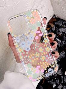 1pc Floral Pattern Transparent Anti-Slip Airbag Soft Phone Case, Suitable For IPhone 11/12/13/14/15/16/17 Pro Max - Multicolor - View 3