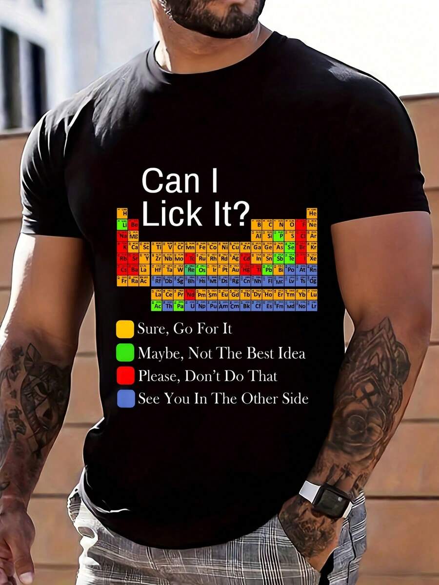 Can I Lick It Periodic Table Chemistry Humor T-Shirt Men's Funny Science Shirt Gift For Scientists Students Teachers Lab Workers Casual Wear - Black - View 1