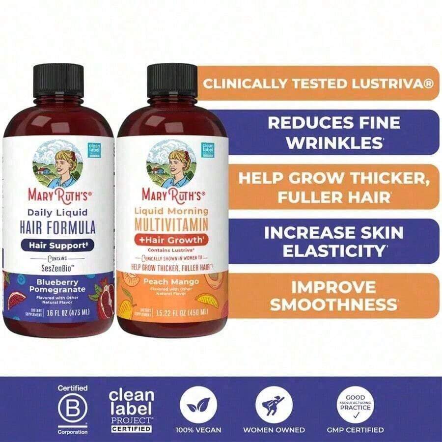 Mary-Ruth's Liquid Multivitamin + Hair Growth - Clinically Tested For Thicker Hair In Women - Improve Facial Wrinkles - Vegan - 15.22 Fl Oz - LMM-hG-pM-15oz-dLHF-bundle - 查看 1