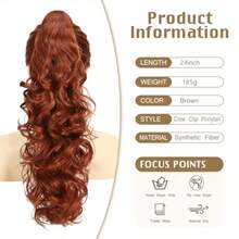 DClaw Clip Ponytail Extension 24 Inch Long Wavy Curly Pony Tails Ginger Clip In Hair Extensions Synthetic Hairpieces Fluffy Natural Looking For Women Copper Red - màu nâu - Xem 2
