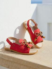 1双女童夏季凉鞋，复古红色蝴蝶串珠设计，魔术贴搭扣，时尚新款儿童凉鞋，适合度假和派对穿着 - 紅色 - 查看 1