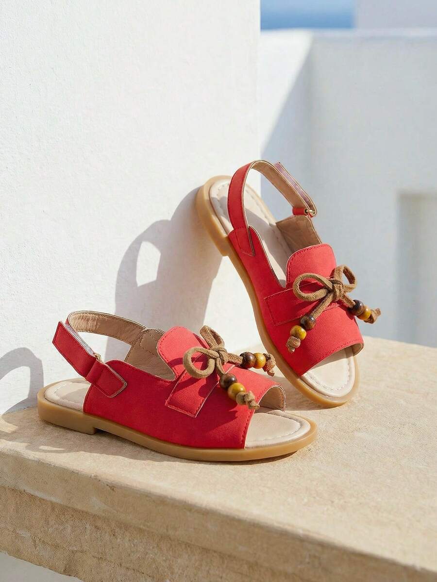 1双女童夏季凉鞋，复古红色蝴蝶串珠设计，魔术贴搭扣，时尚新款儿童凉鞋，适合度假和派对穿着 - 紅色 - 查看 1