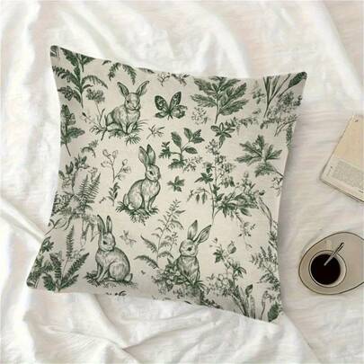 1PC Green Rabbit And Floral Butterfly Pillow Cover, Double-Sided Design, Polyester Zipper Closure, Soft And Skin Friendly Cushion Cover, Hand Washable Only, Suitable For Home Decoration On Mother's Day, Easter, Valentine's Day, Holiday Gift (Excluding Pillow Core)