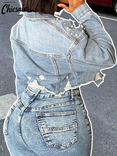 大码毛边下摆前扣仿珍珠装饰休闲牛仔外套 春季