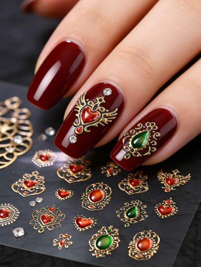 1 pezzo Adesivi per unghie in stile barocco vintage 5D, decalcomanie in oro con gemme finte di lusso, slider con strass a forma di cuore, accessori per manicure fai-da-te per donne e ragazze