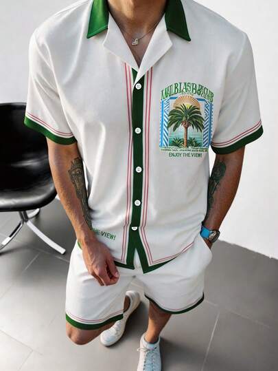 GloMan 男士度假风椰树印花衬衫短裤套装，舒适休闲装。男士夏季海滩度假服，适合街头风、度假、周末出游、社交场合。