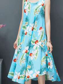 Women's Printed Sleeveless Long Flared Dress - Round Neck, Loose Fit, Bohemian Resort Style, Artistic Floral Print, One-Piece And Elegant, Suitable For Parties, Beach Vacations, Casual Home Wear, Easy To Care For - 淺藍色 - 查看 4