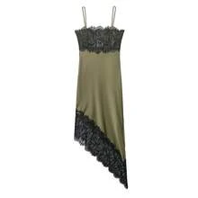 Vestido de satén con encaje asimétrico y estilo sexy, de moda para mujer en verano, con estilo elegante europeo y americano - Verde Oliva - Ver 2