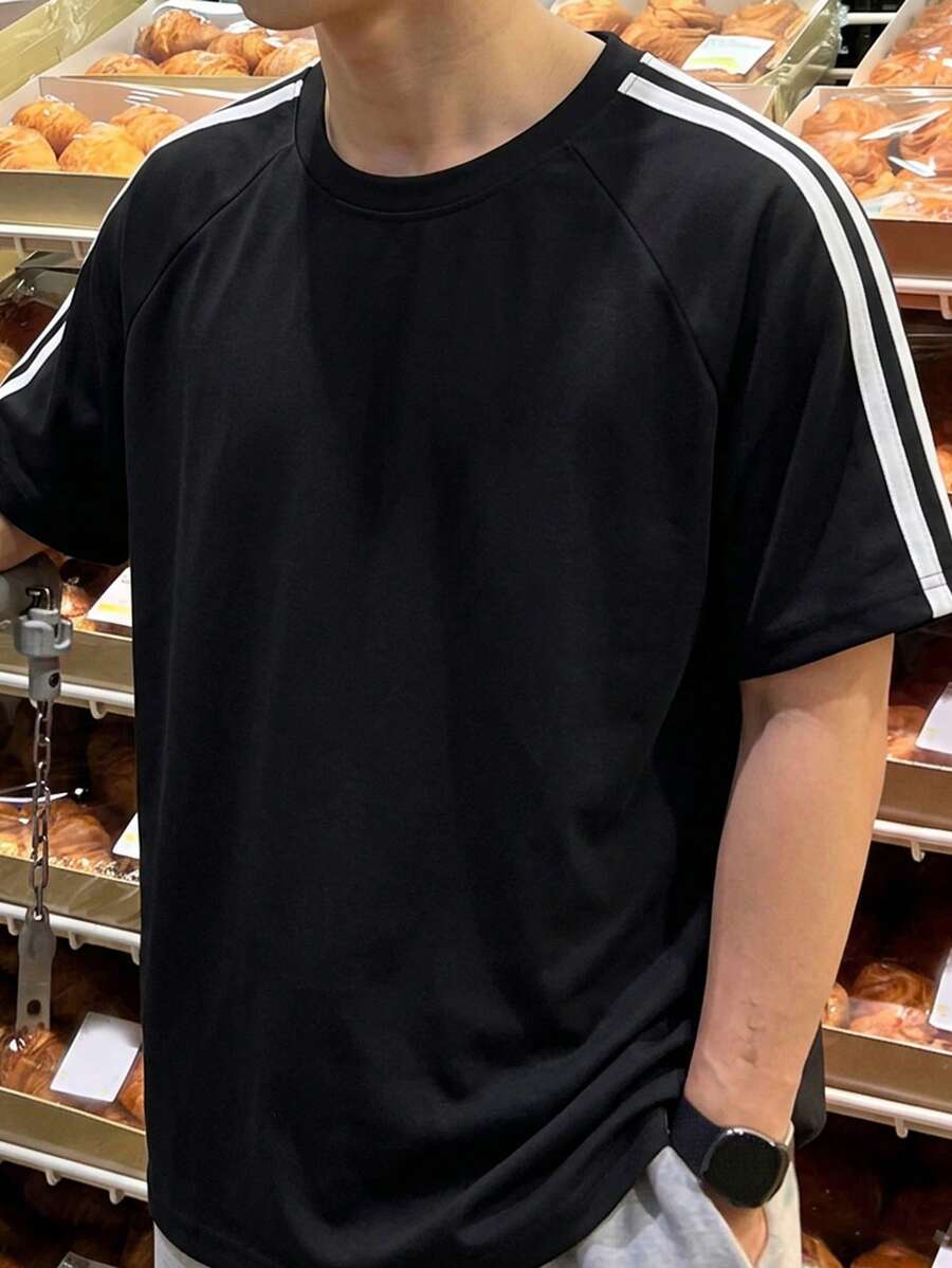 1pc Tween Boys' Fashionable Casual Striped Decor Round Neck T-Shirt - Black - View 1