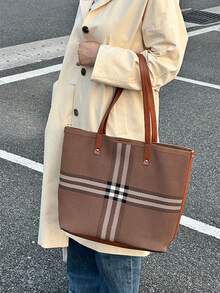 2026 New Large Capacity Tote Bag, Casual Versatile Shoulder Bag, Woven Striped Shopping Bag, Women Commuter Handbag - Brown - View 4