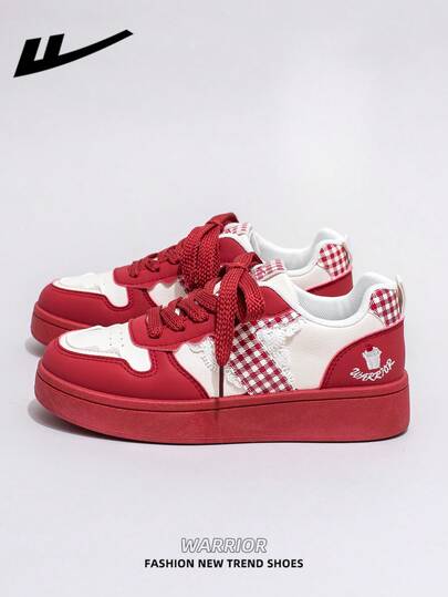  1双 WARRIOR 女士厚底系带软底休闲鞋，低帮户外平底鞋，圆头低跟防滑纯色优雅软底徒步鞋，适合学生、毕业照、平底皮质滑板鞋